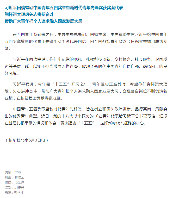 习近平回信勉励中国青年五四奖章暨新时代青年先锋奖获奖者代表.png
